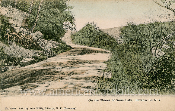 Vintage postcard titled "On the Shores of Swan Lake, Stevensville, N. Y." published by photographer Otto Hillig of Liberty, New York.