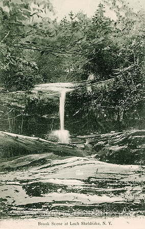 Vintage postcard titled "Brook Scene at Loch Sheldrake, N. Y." published by the photographic firm of Laidlaw and Wood of Hurleyville, New York.