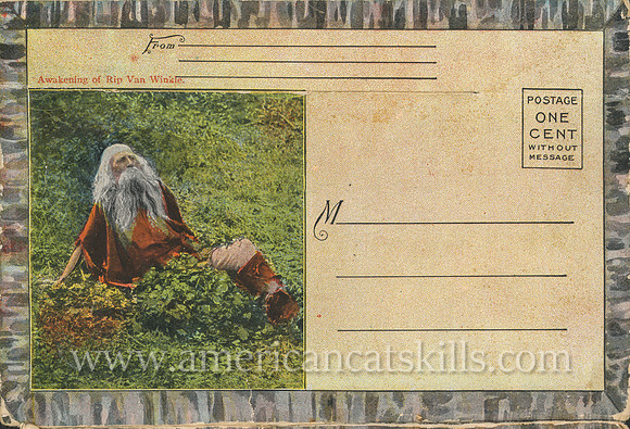 Vintage Catskills postcard packet with 24 scenes, one of which depicts the awakening of Rip Van Winkle.